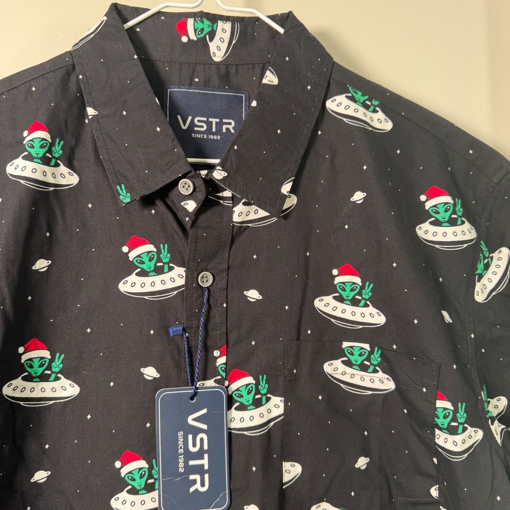 VSTR Mens Alien Santa UFO Christmas Button Down Shirt Black Cotton Large NWT